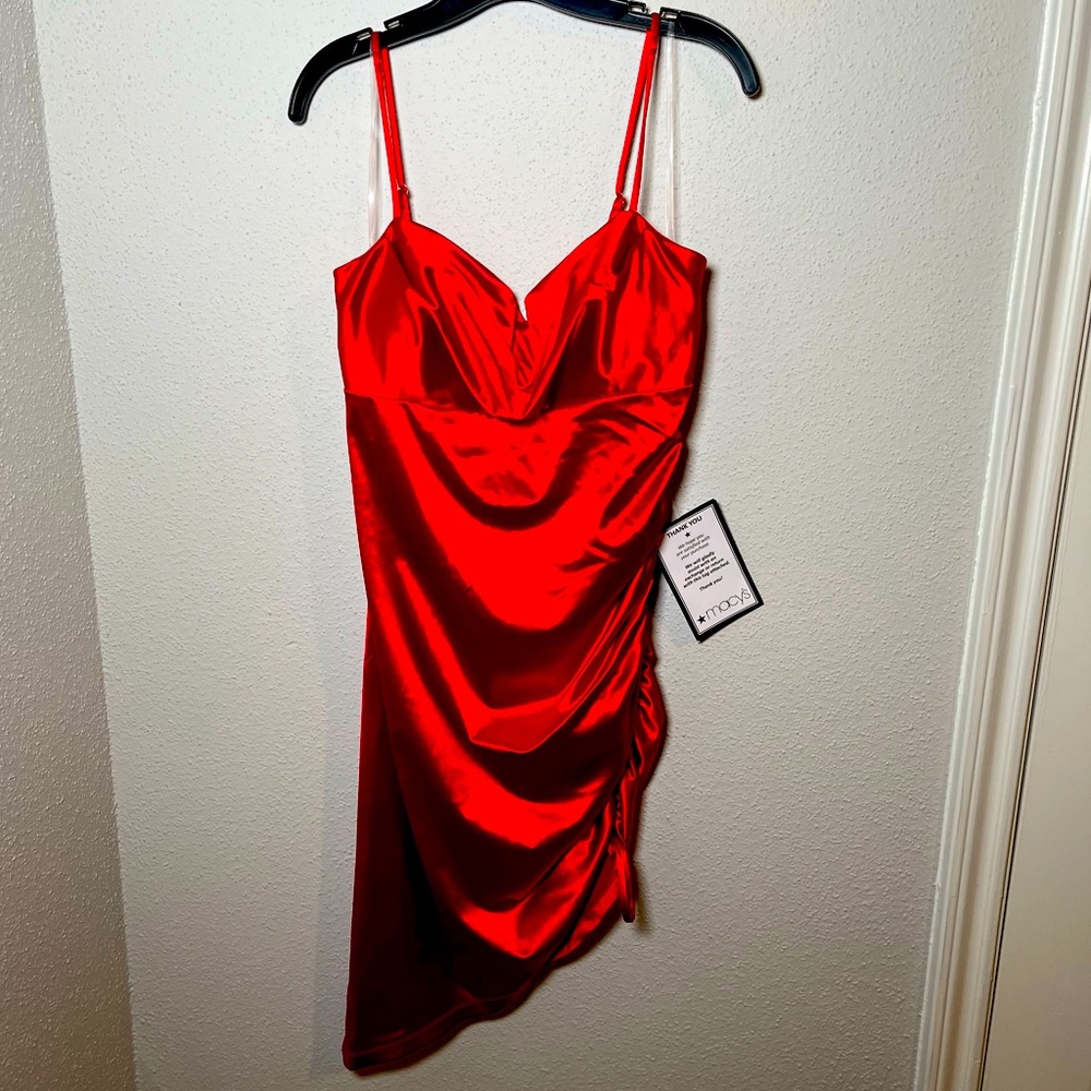 Emerald Sundae Spaghetti Strapped Red Ruched Dress with Draped Neck